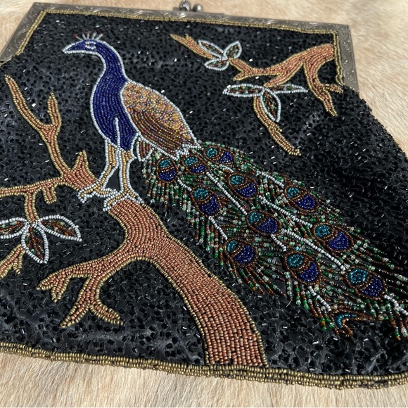 Antique Vintage Art Deco Large Beaded Sequin Peacock Long Chain Shoulder Bag - Picture 13 of 13